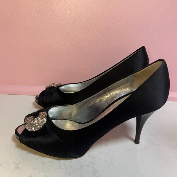 Giuseppe Zanotti Black Satin Open Toe Pumps with Crystal Embellishment - EUR 38 - Picture 3 of 7